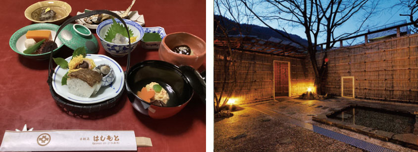 宿泊は小渡温泉「はしもと」ラジウム温泉でゆっくり料理はイメージです。